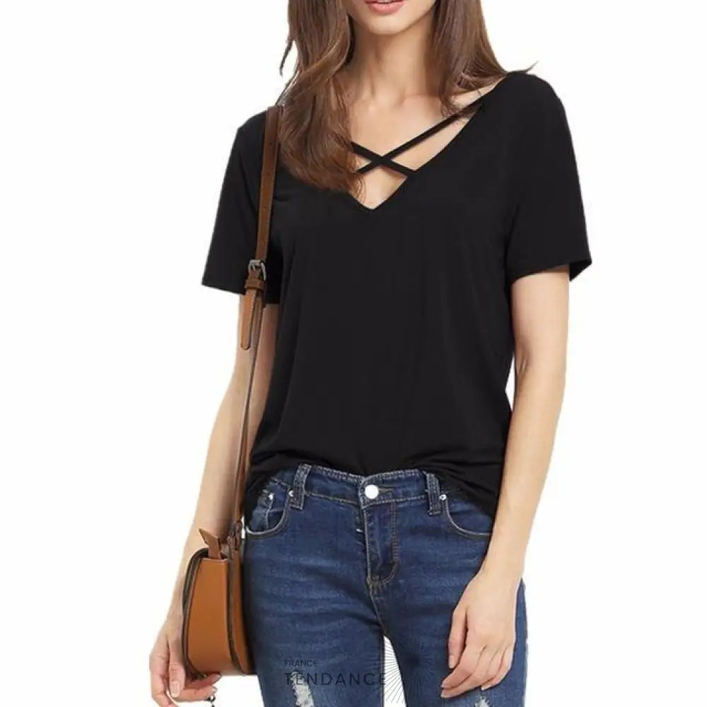 T-shirt Col En v Et Lacets | France-Tendance